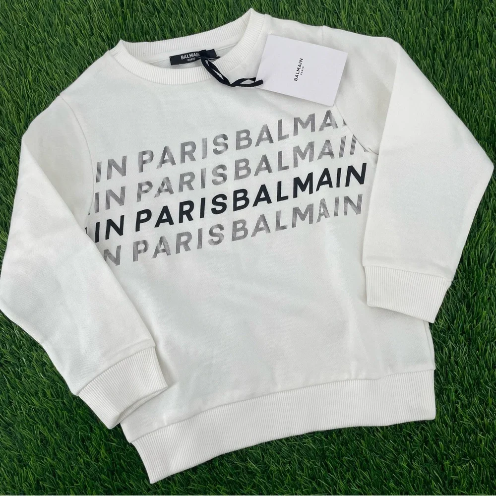 BALMAIN NWT Unisex Kids Logo Printed Long Sleeve Pullover Crewneck Sweatshirt